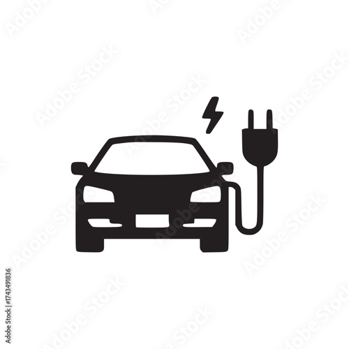 A black silhouette of an electric car charging with a plug and lightning bolt on white background