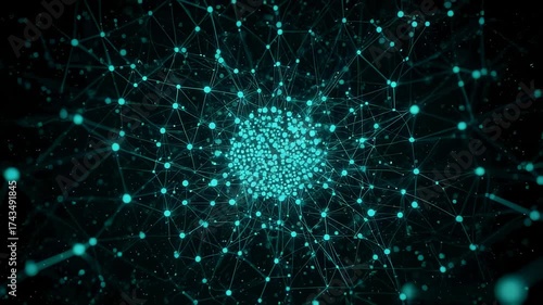 An abstract image depicts a network of interconnected teal spheres, resembling a complex, glowing structure