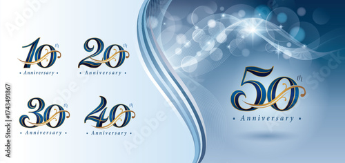 Set of 10 to 50 year Anniversary logotype design, Ten to Fifty years Celebrating Anniversary Logo, Blue Elegant Serif Retro Number 10,20,30,40,50, Luxury Classic Gold floral Logo for Celebration event