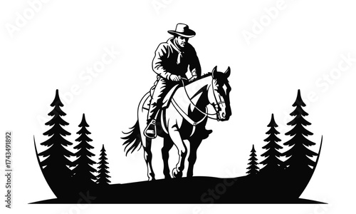 Black silhouette of a cowboy on horseback riding through a pine forest landscape black and white