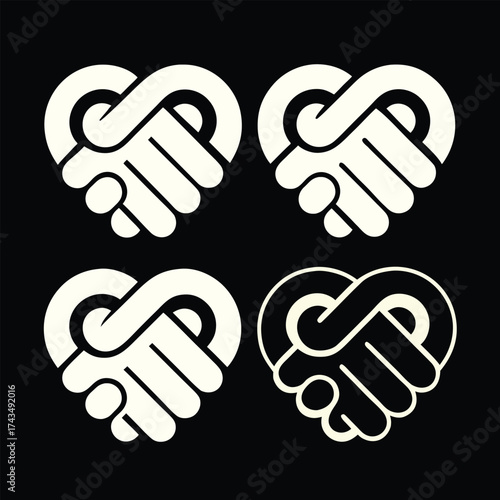 Four heart shaped handshake icons representing connection trust and partnership concepts