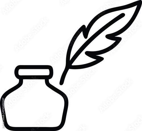 feather quill and ink bottle outline icon