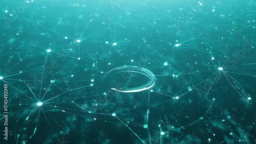 Abstract digital illustration features glowing nodes, connected by lines, within a teal, textured atmosphere
