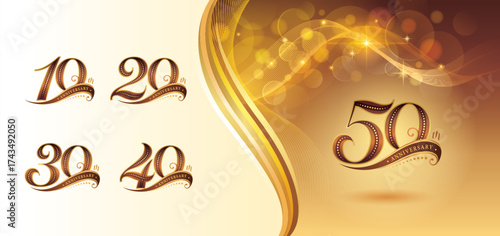 Set of 10 to 50 year Anniversary logotype design, Ten to Fifty years Celebrating Logo, Red Gold Curved Ribbon Lines Dots Elegant Serif Number 10,20,30,40,50, Luxury Classic Logos for Celebration event