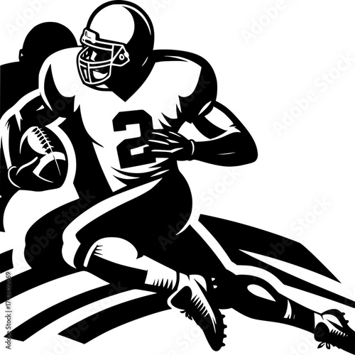 Football Player in Action: A dynamic illustration of a determined football player, captured mid-run, with the ball firmly grasped and ready to advance. Illustrating the power.