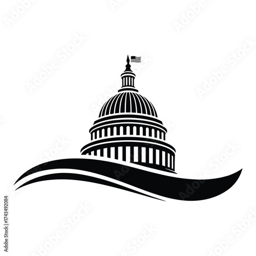 Black silhouette of U S Capitol building dome with flag and curved lines black and white
