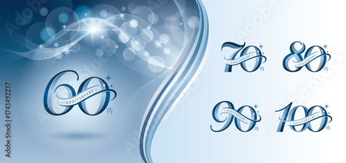 Set of 60 to 100 year Anniversary logotype design, Sixty to Hundred years Celebrate Logo, Blue Curved Lines Ribbon Elegant Serif Number 60,70,80,90,100, Luxury Classic Retro Logo for Celebration event