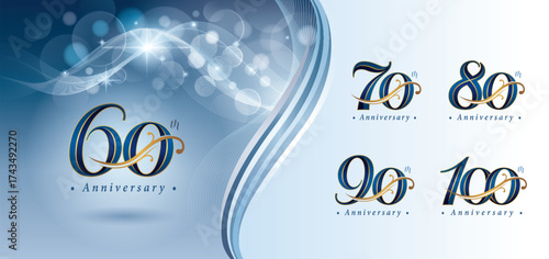 Set of 60 to 100 year Anniversary logotype design, Sixty to Hundred years Celebrating Anniversary Logo, Blue Elegant Serif Number 60,70,80,90,100, Luxury Classic Gold floral Logo for Celebration event