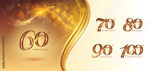 Set 60 to 100 year Anniversary logotype design, Sixty to Hundred years Celebrate Logo, Red Gold Curved Roll Lines Elegant Serif Number 60,70,80,90,100, Luxury Classic Retro Logos for Celebration event