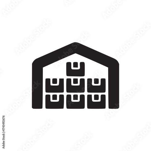 A black and white graphic of a warehouse filled with boxes in a simple and minimalist style design