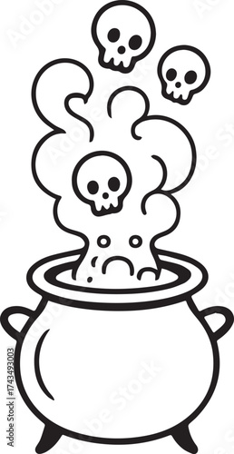 A spooky cauldron bubbling with a mysterious, skull-shaped steam creating an enigmatic visual.
