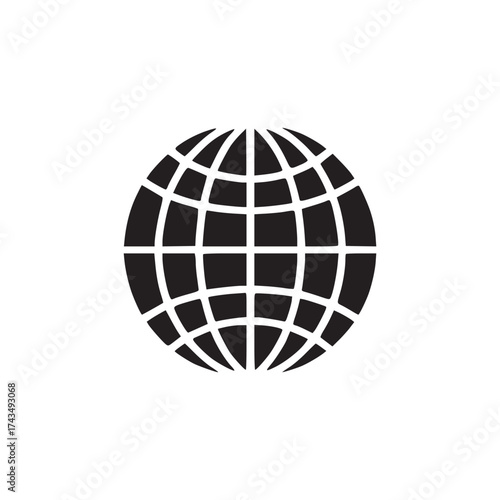 A simple black and white image featuring a stylized globe icon centered on a plain white background