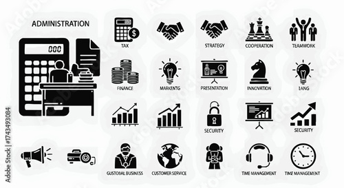 Modern flat design vector icons illustrating core business administration, finance, strategic planning, and operational management concepts for diverse corporate communication needs