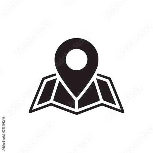 A simple black and white icon of a map with a location pin on top against a plain white background