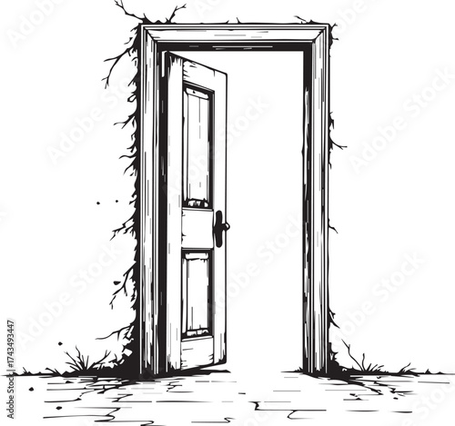 An old and slightly open wooden door, with climbing vines, standing on a brick floor inviting viewers towards a new chapter.  