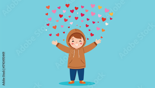Cartoon boy in a hoodie with arms outstretched under a shower of colorful hearts.