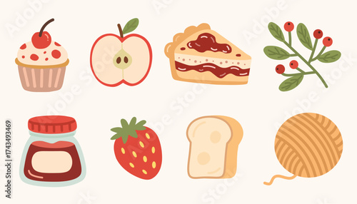 Cozy Food Elements in Cottagecore Style for Aesthetic Design Set
