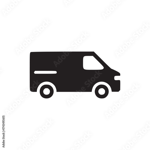 A simple black silhouette of a delivery van with two wheels on a plain white background image icon