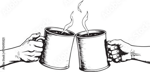 A monochromatic toast with two hands holding mugs, captured in a minimalist ink sketch style.