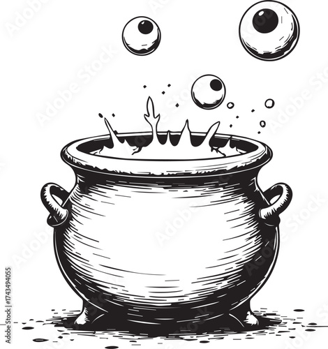 A spooky cauldron bubbling with mystical ingredients, three eyeballs floating mysteriously above. A bewitching illustration full of mystic atmosphere. 