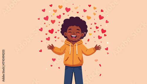 A happy child with open arms surrounded by floating hearts, expressing joy and love.