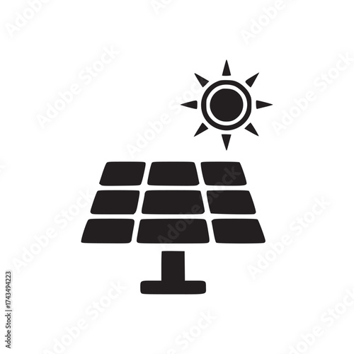 A simple black and white illustration of a solar panel with a sun shining above it on a white background