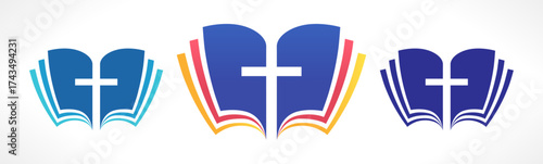 Symbol of Holy Bible, open book with colorful pages and cross of Jesus. Creative concept. Set of icons.