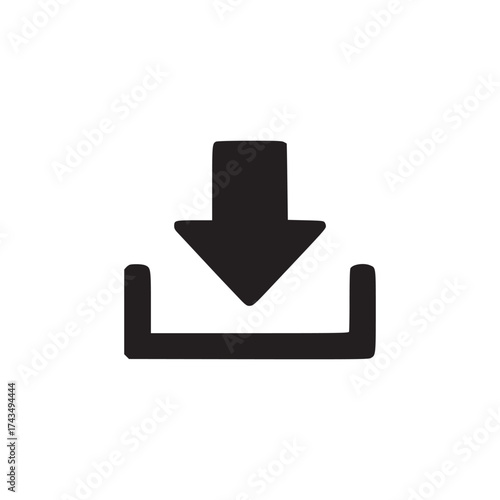 A simple black download icon with an arrow pointing down into a container on a white background