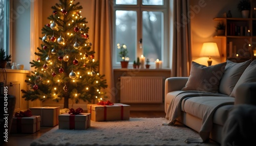 Festive living room adorned with a Christmas tree and presents, capturing the excitement of family bonding on Christmas Day