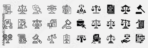 Justice, legal, and judgement icon pack in modern fill and line style, minimalist outline vector illustration