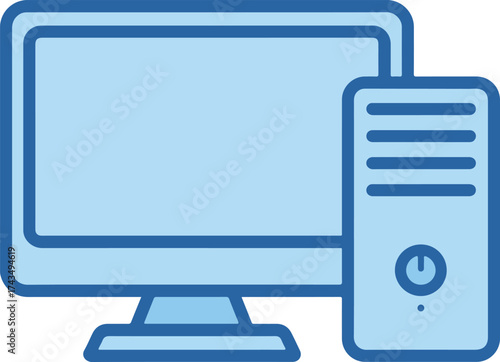 A light blue outline icon of a desktop computer with a monitor and tower on a white background vector