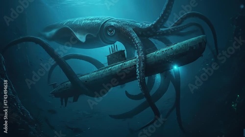 Giant squid attacks a submarine in the deep ocean environment