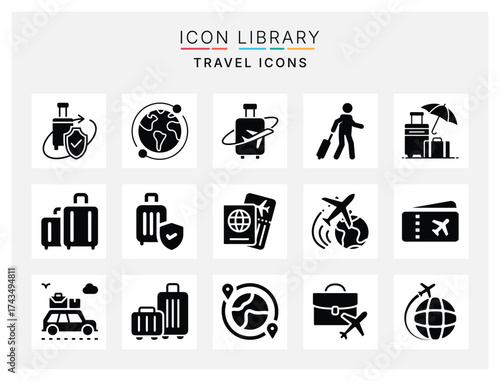 Minimalist travel and vacation line and fill icon pack