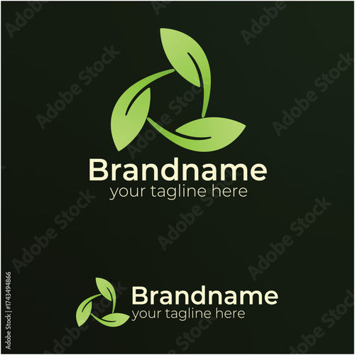 Three Green Leaves in a Swirling Recycling Symbol Logo Design: Perfect for Organic, Eco-Friendly, Natural, and Sustainable Business Brands