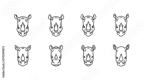 Collection of eight stylized rhinoceros head line drawings in a grid pattern vector