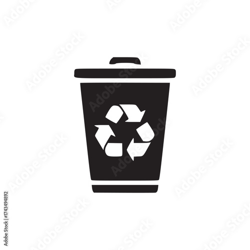 A black and white image of a recycling bin with a recycling symbol on it against a white background
