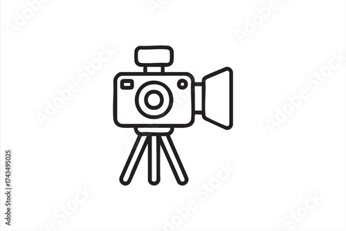 Minimalist camera on tripod vector icon symbolizing photography and creativity.