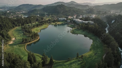 An aerial view shows a scenic landscape featuring a golf course, lake, and a waterfall amidst green hills
