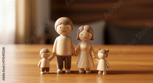 Charming wooden toy family holding hands on a table