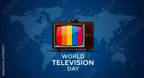 Vintage Television Set with Colorful Screen and Antenna, Retro Design.