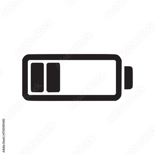 A simple black and white illustration of a battery icon indicating a medium charge level on white background