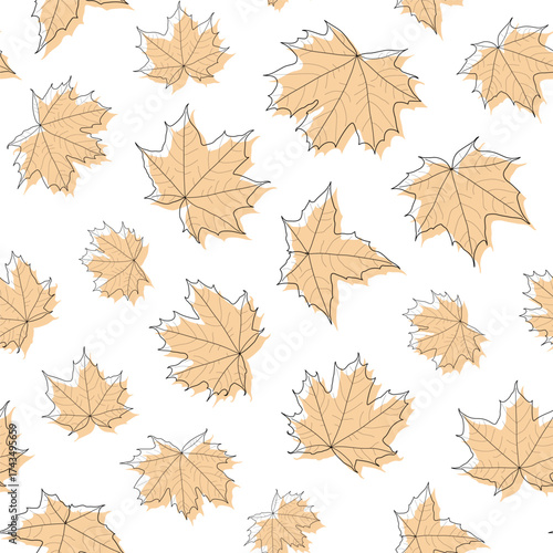 Abstract botanical pattern. Seamless print composed of orange silhouette of leaves of maple with black line vein on white background. Botanical colorful background.