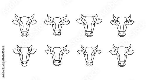 Collection of eight detailed line art cow heads featuring diverse horn styles and facial expressions for agricultural design vector