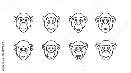Collection of monkey faces expressing diverse emotions and feelings detailed line art vector
