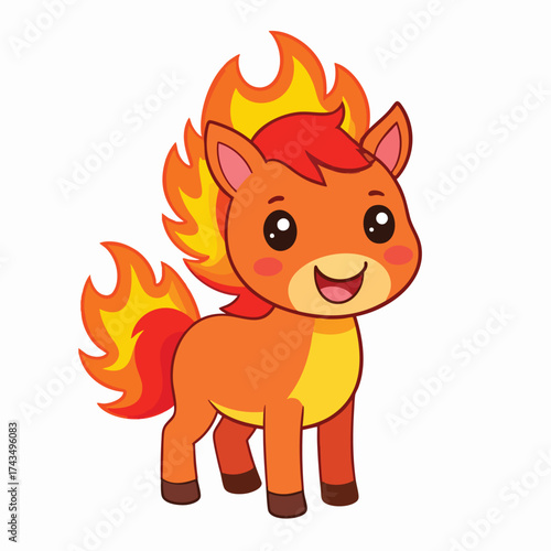 Cartoon depiction of an orange horse with a fiery mane and tail, smiling with a cheerful expression.