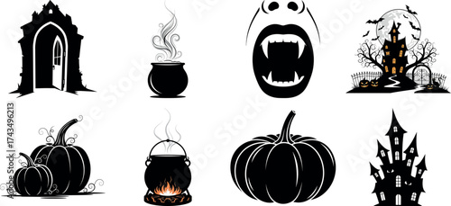 Vector art of set of dark halloween illustrations including a haunted castle, cauldron, and vampire fangs