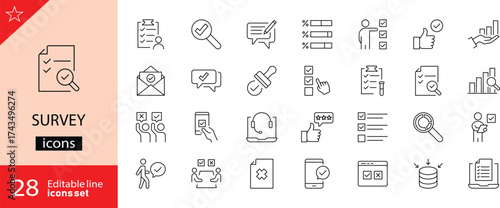 Survey icons set. Includes symbols of questionnaire, feedback form, polling, data collection, and customer opinion. Editable stroke. Vector illustration. Perfect for analytics, and marketing. 