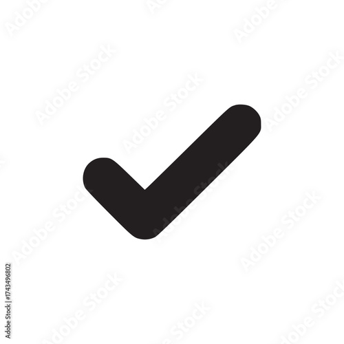A simple black check mark isolated on a white background indicating approval or completion of a task