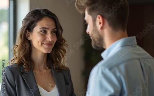 Young man telling gossips to his woman colleague. High quality