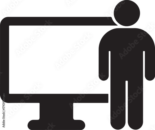 Black silhouette icon of a person standing next to a large computer monitor on a white background